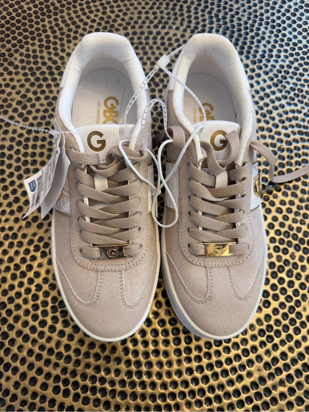 GBG Taupe Suede Low-Top Sneakers with Gold Accents